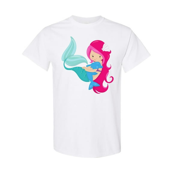 Inktastic Cute Mermaid, Little Mermaid, Pink Hair, Dolphin T-Shirt