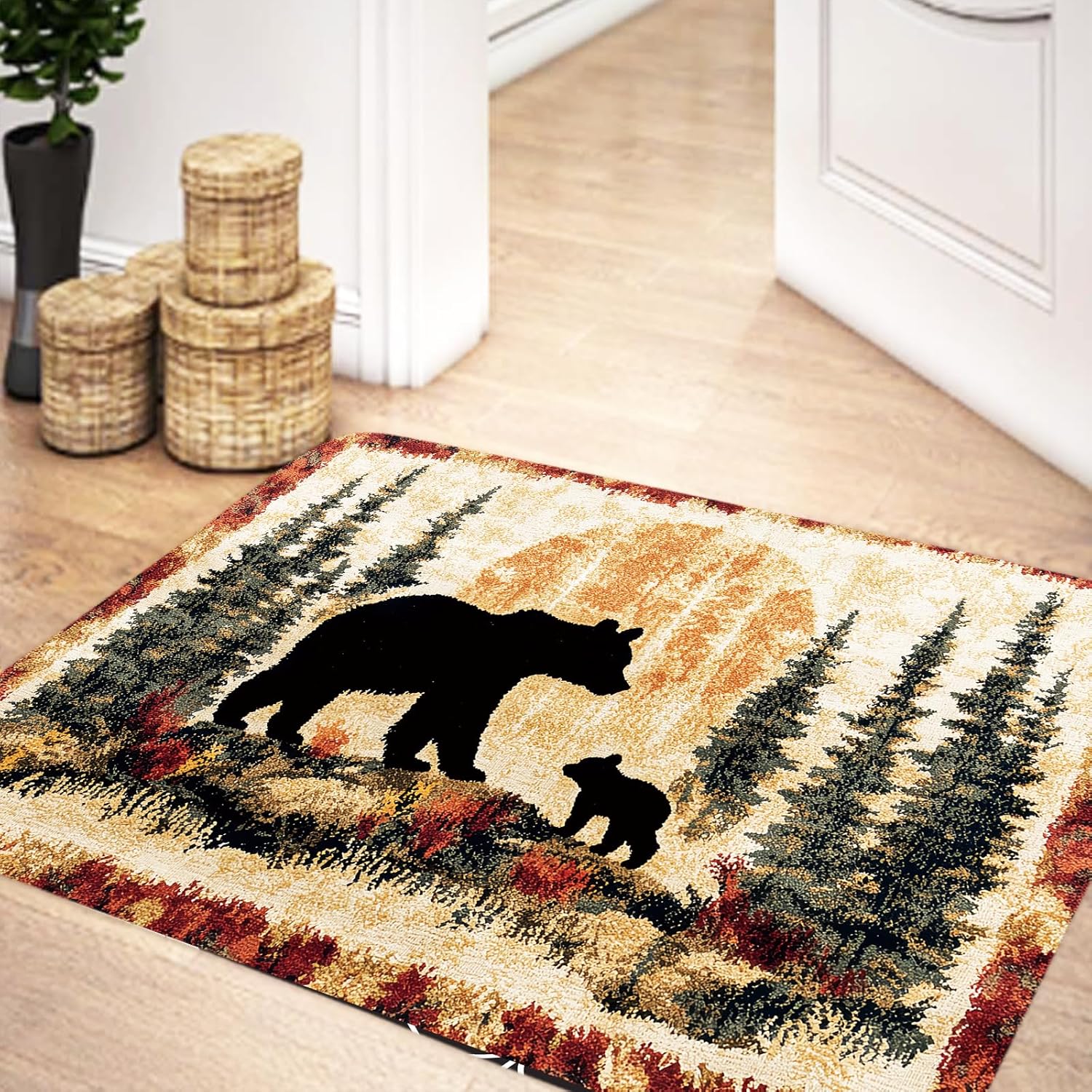 Bear Rug Farmhouse Bathroom Rugs Animal Black Bear Forest Trees Rustic Cabin Carpet Camping Bath Rug Sets for Bathroom Bedroom Kitchen Outdoor Indoor, 19X31in