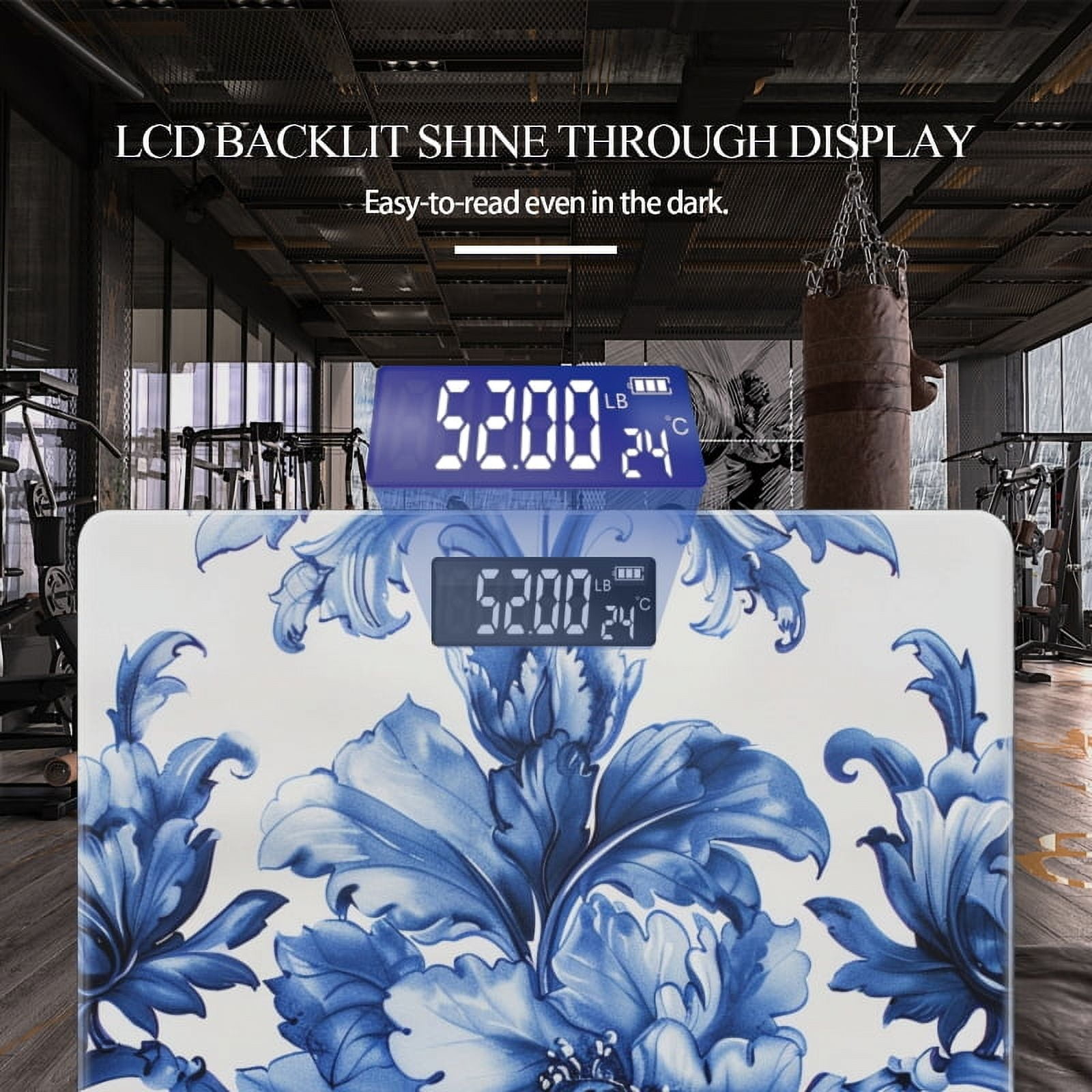 Bathroom Scale, Highly Accurate Digital Body Scale,Precisely Measures Weight up to 400 lbs-Blue And White Porcelain Floral Pattern