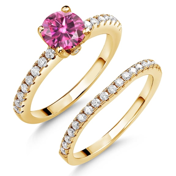 Gem Stone King 18K Yellow Gold Plated Silver Pink Moissanite and White Moissanite Wedding Engagement Band Bridal Set Ring for Women (1.29 Cttw, Gemstone, Available in Size 5, 6, 7, 8, 9)