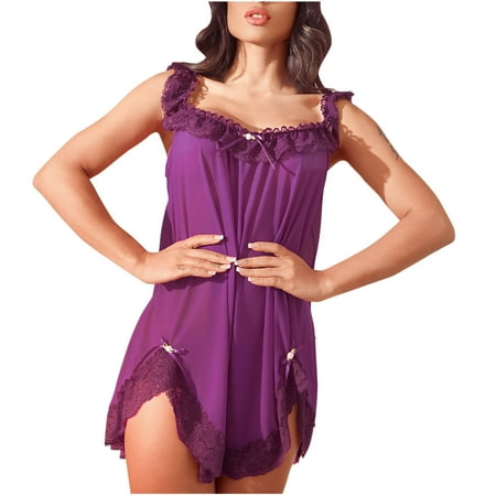 DISKEBUISS Lingerie for Women Lace Spaghetti Strap Sheer Solid Color Nightwear Size S-XL