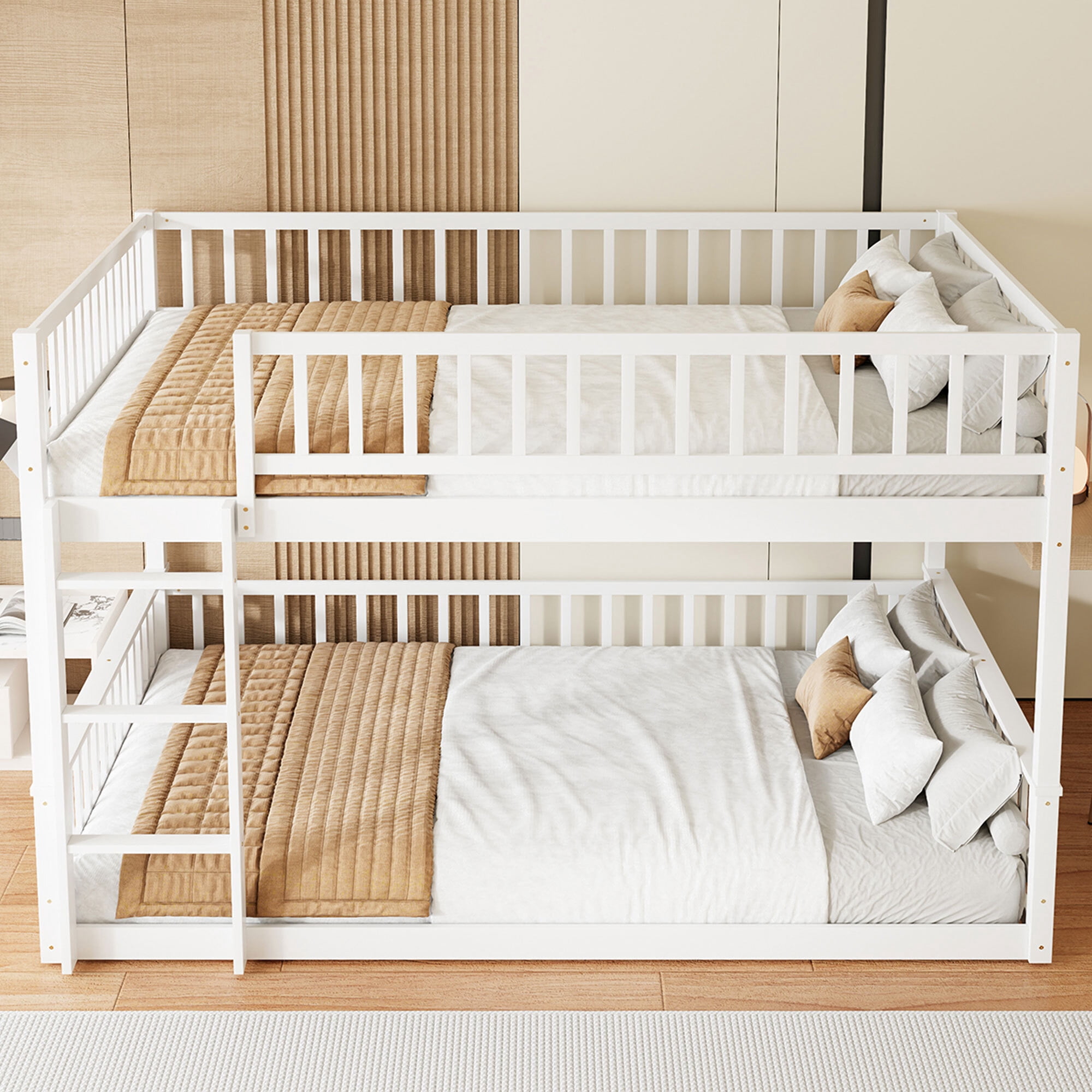 Euroco Wood Queen over Queen Bunk Bed with Ladder and Guardrails, White
