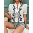 thumbnail image 6 of Women'S Summer Tops 2025 Casual Ruffle V Neck Puff Short Sleeve Button Down Shirts Embroidered Blouses White L, 6 of 8
