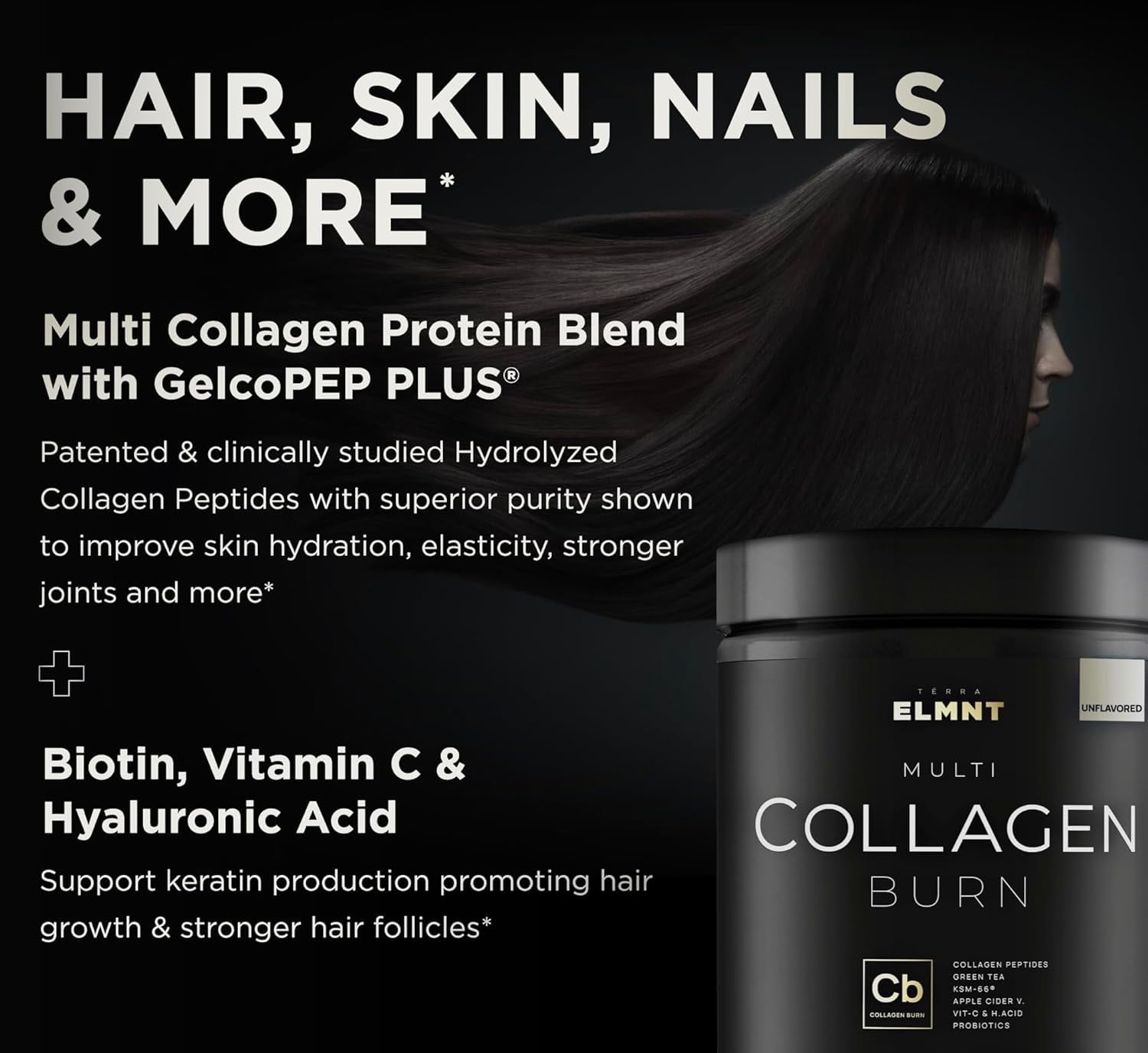 ELMNT Super Collagen Burn - Multi Collagen Peptides Powder for Women w. Apple C Vinegar (Unflavored)