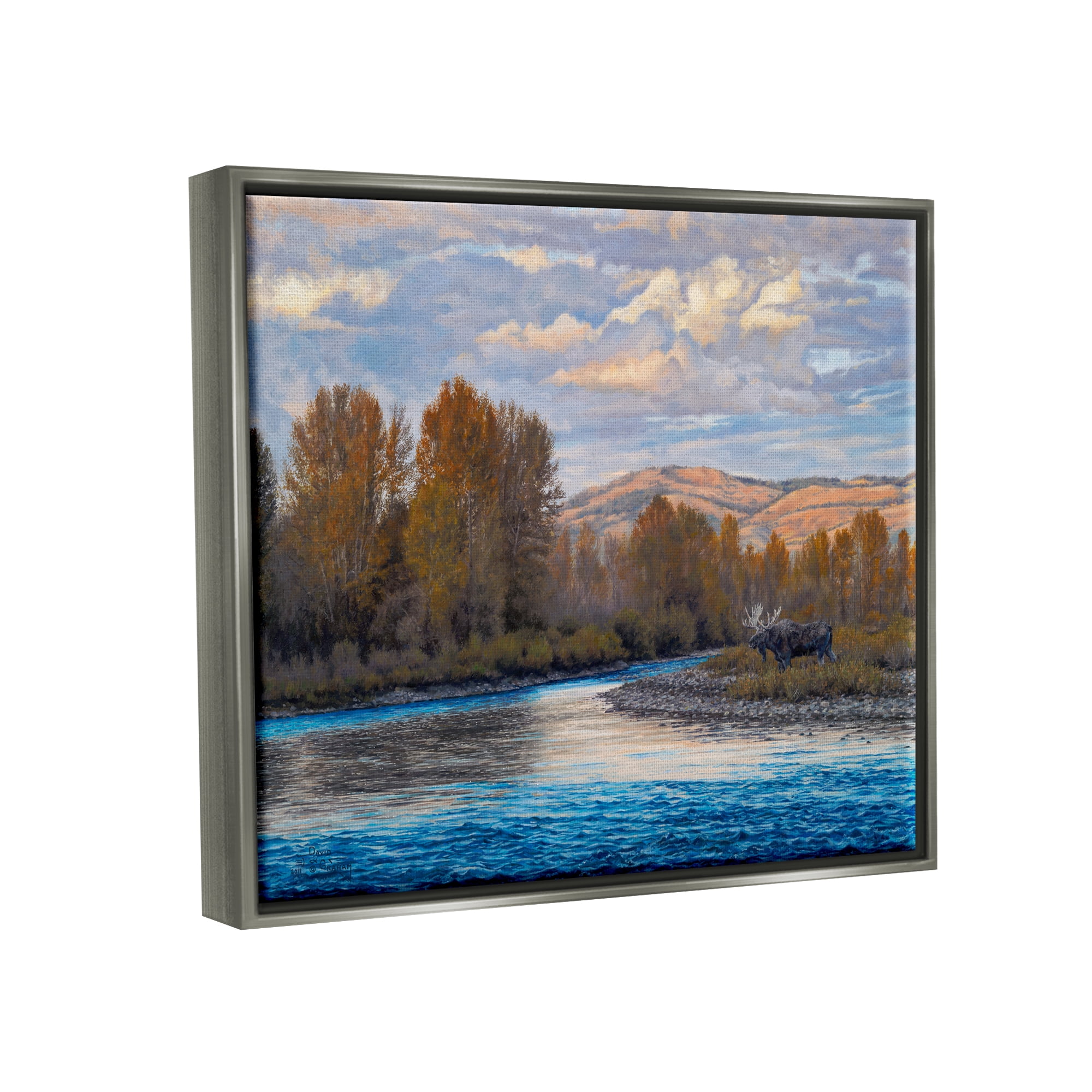Stupell Industries Moose By Lake Mountain Landscape Coastal Painting Gray Floater Framed Art Print Wall Art