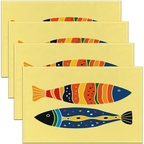 Bass Fish Placemats Set of 4 12"x18" Cute Colorful Fish Table Place Mats Boys Farm Fisherman Fishing Placemat for Kitchen Dining Table Decoration Indoor Outdoor Bright Yellow Table Mats