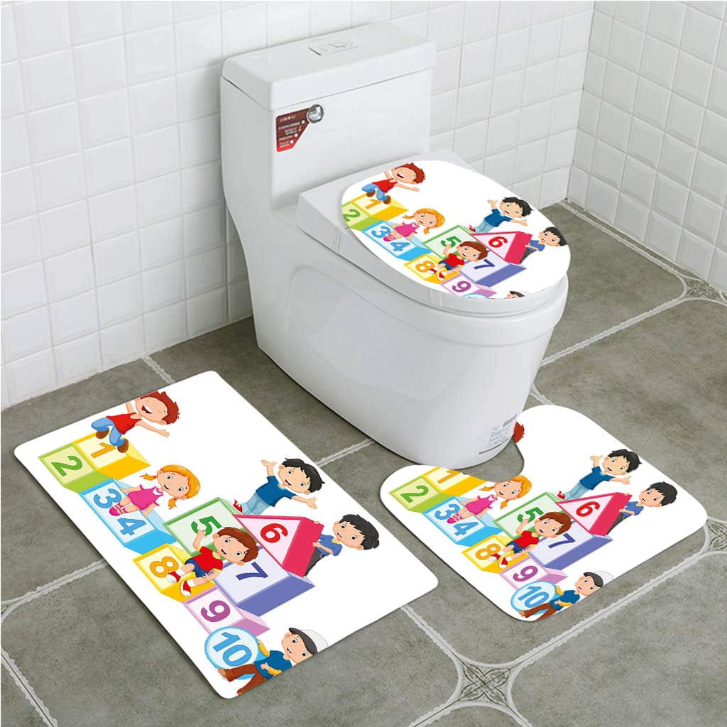 GOHAO Educational Happy Kids Boys and Girls Number Blocks Triangle Rectangle and 3 Piece Bathroom Rugs Set Bath Rug Contour Mat and Toilet Lid Cover