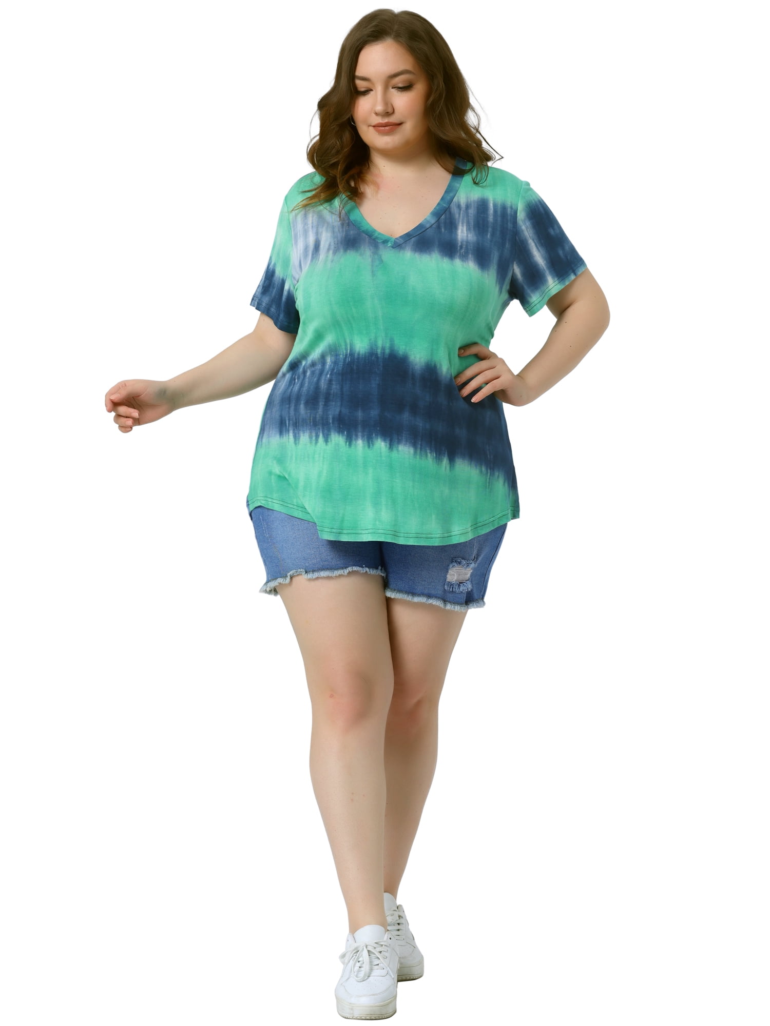 DARING DIVA Women's Plus Size V Neck Short Sleeve Tie Dye Tunic Top 4X Green