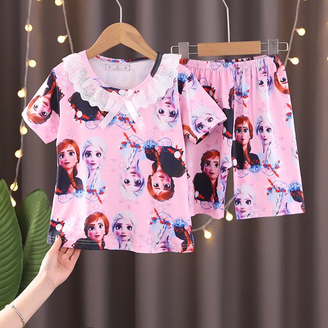 Frozen Elsa Summer Girls Pijamas Ropa de manga corta para niños Fragancia pequeña Small Middle Big Children Baby Homewear Set8 95-105CM Gao Jinjia LED