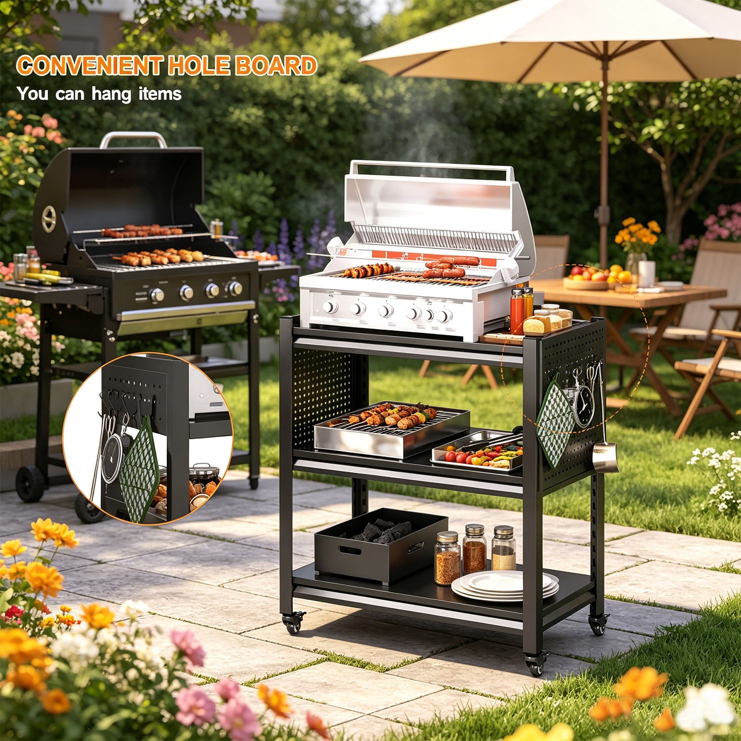 Heavy-Duty Grill Cart with 3-Tier Storage and Pegboard for BBQ