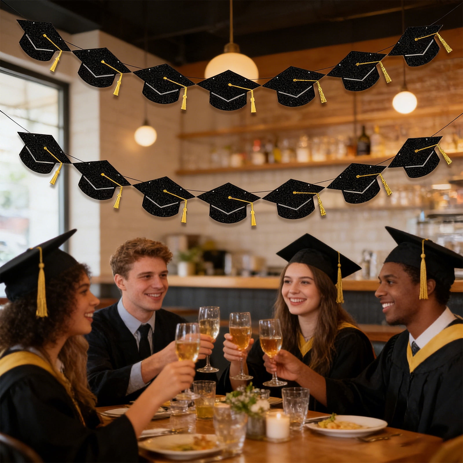 10Pcs Graduation Cap Banners, Yannianjz Graduation Cap Banners, Glitter Graduation Hat Bunting Garland, Black Paper Party Decorations for Graduation Party, Celebration, Ceremony