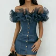 thumbnail image 2 of Women's Off Shoulder Denim Mini Dress, Ruffle Sleeve Bodycon Party Dress, 2 of 3
