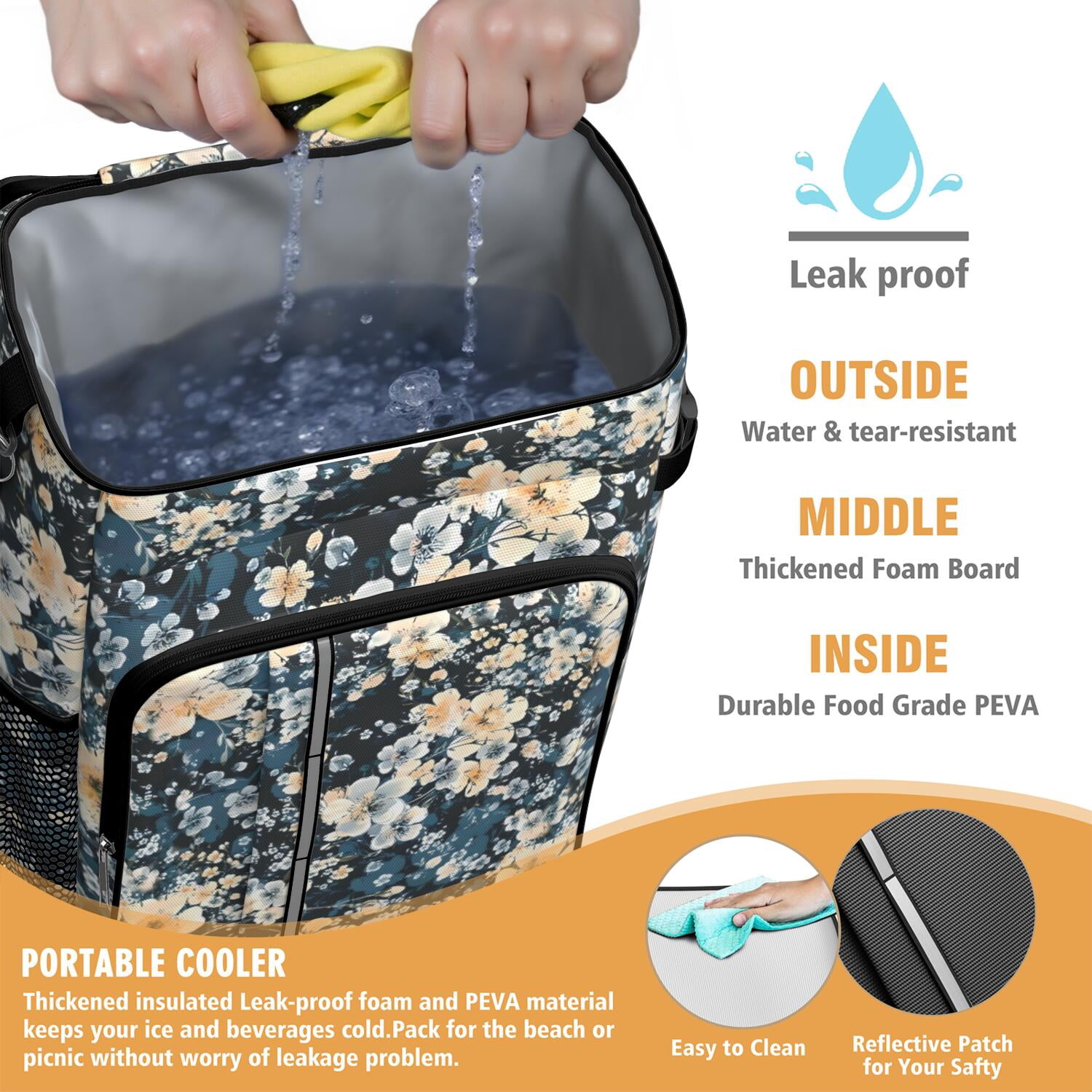 Travel Cooler Bag - Pioneer Flower Floral Print Pattern Camping Beer Cooler Backpack with Bottle Opener- Waterproof Insulated Picnic Backpacks - Cooler Bag for Beach