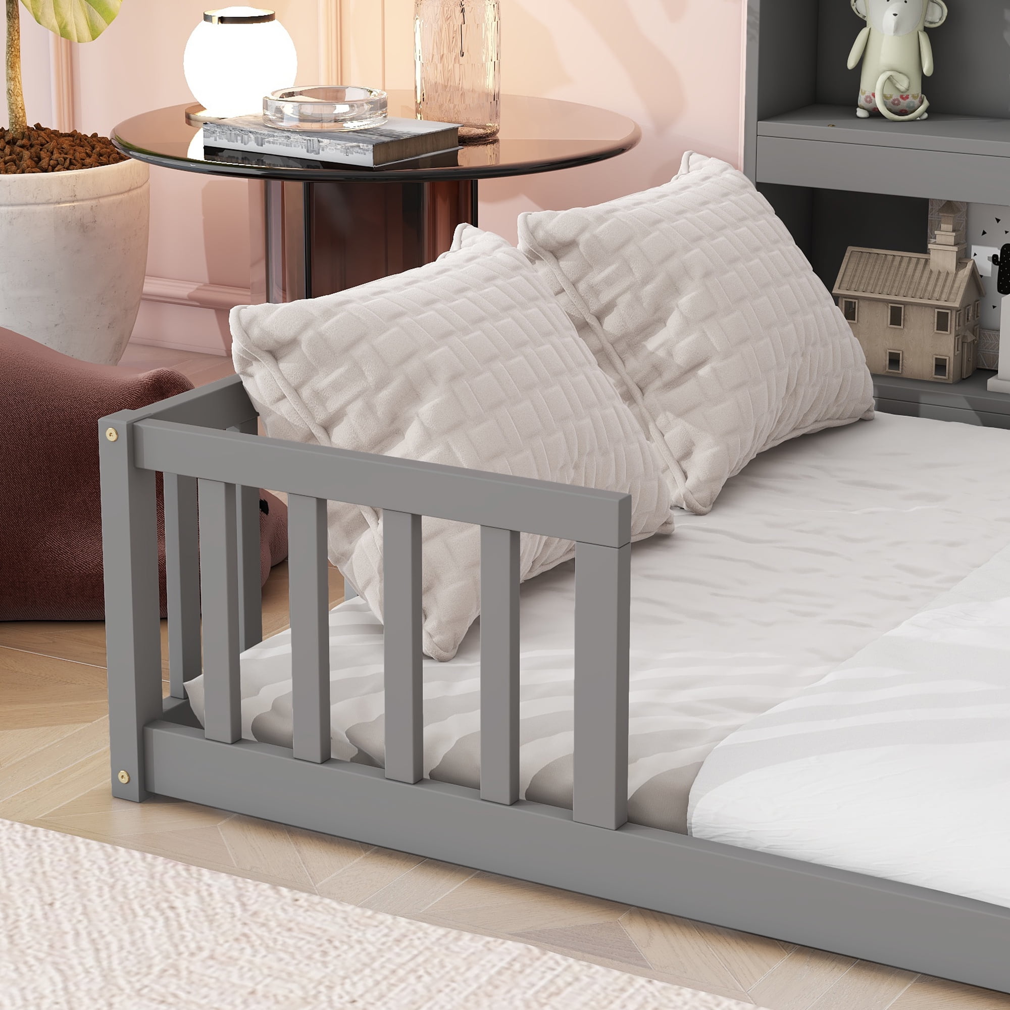 Miniyam Full Floor Bed with Bookcase Shelves and Guardrails, Wood Low Profile Bed Frame, Gray