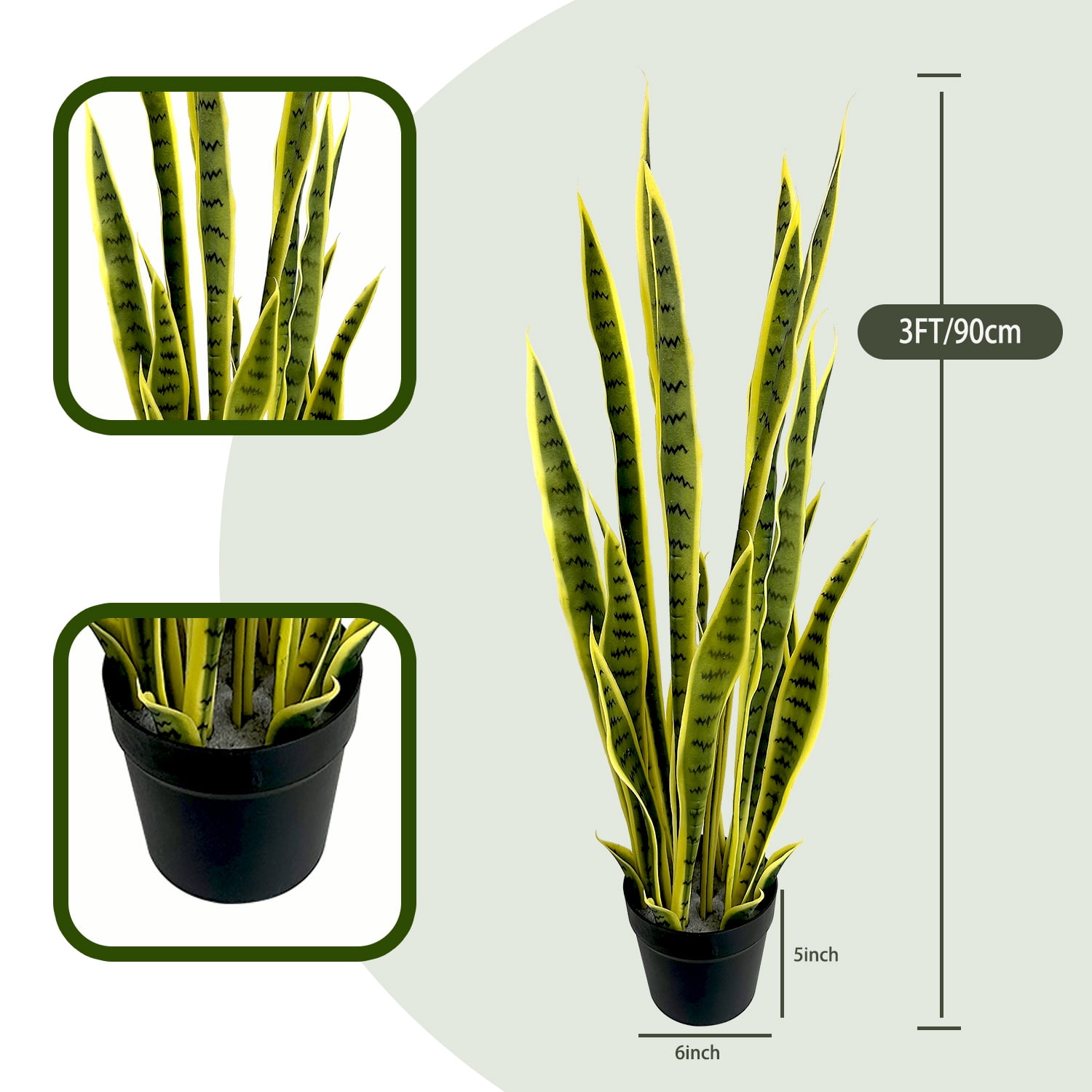 3FT Artificial Snake Plant, 2 PCS Faux Sansevieria with 24 Adjustable Leaves, Yellow Fake Tiger Plant for Indoor Outdoor Home Decor
