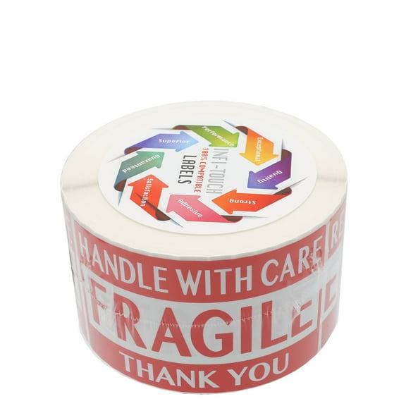 Infi-Touch Red "Fragile Handle with Care Thank You" 3 x 5 Semi-Gloss Stickers - 1 Roll