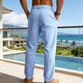 thumbnail image 5 of Men's Linen Pants Casual Summer Beach Pants Breathable Loose Fit with Elastic Waist Drawstring Yoga Trousers Slacks Big and Tall Size S-3XL Light Blue, 5 of 8