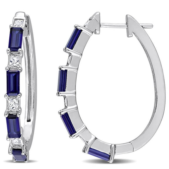 AMOUR 3 5/8 CT TGW Created Blue and White Sapphire Oval Hoop Earrings In Sterling Silver