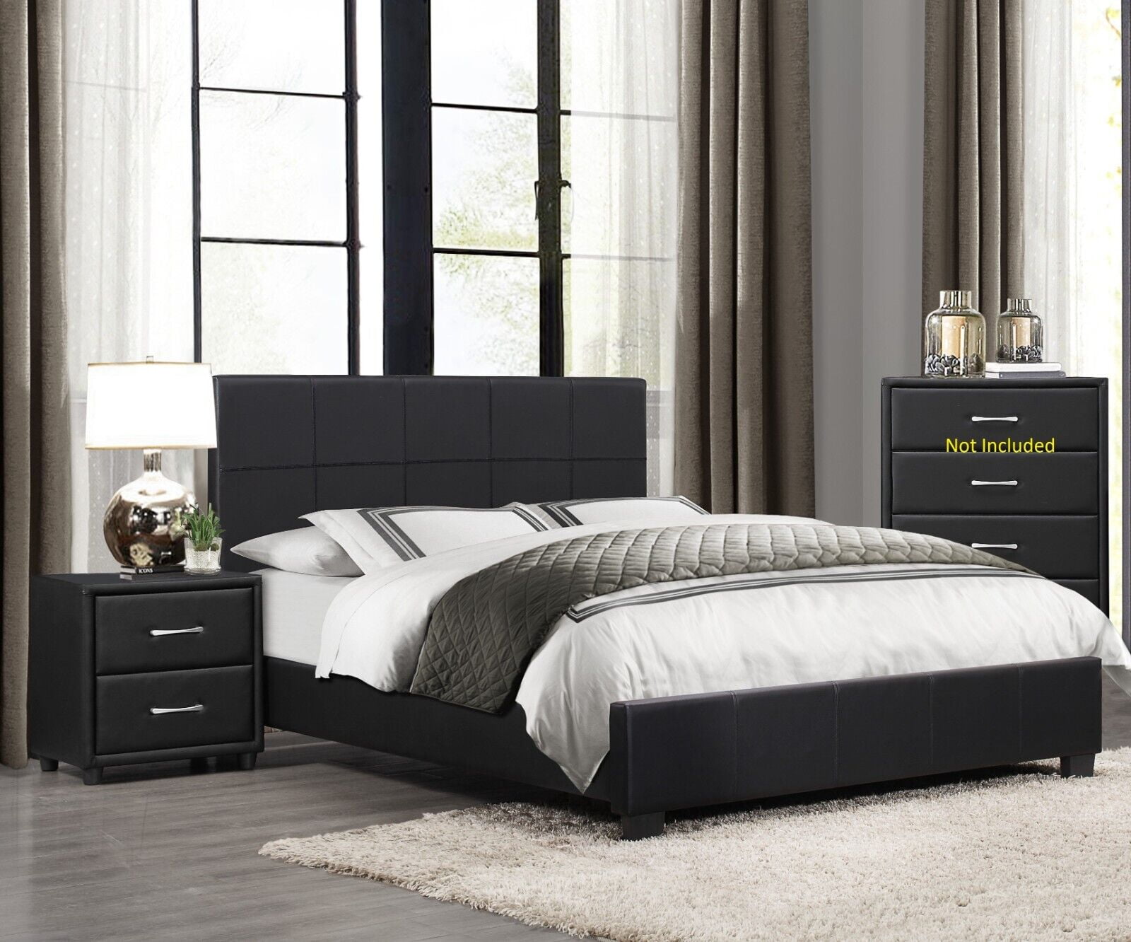Contemporary Black Faux Leather Bedroom 3pc Set Queen Size Bed 2x