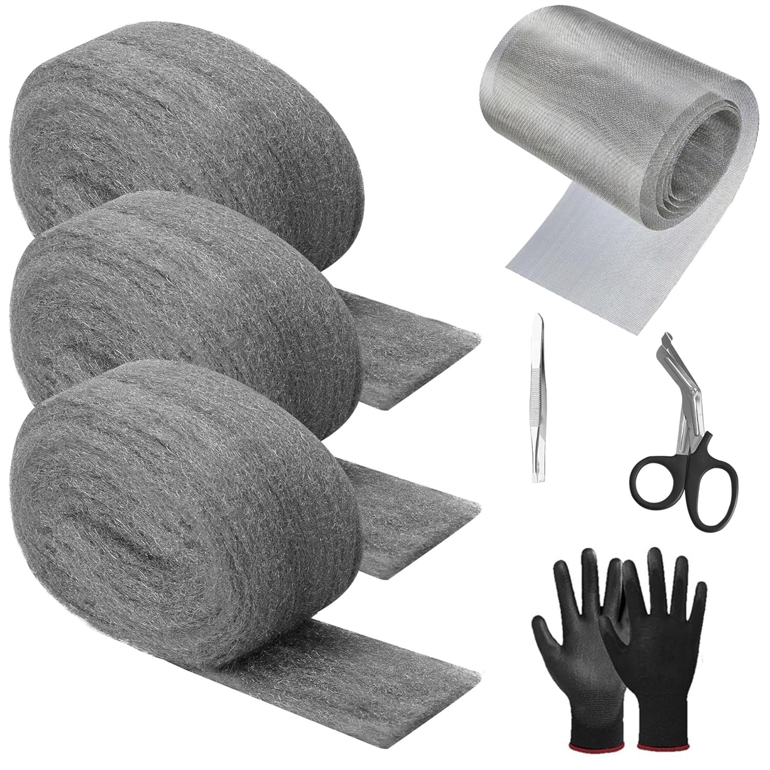 Steel Wool Mice Fabric Roll Contro L - 3 Pcs Steel Wool 0000 & 1 Pcs Wire Mesh with Metal Tweezers, Gloves & Scissors, Steel Wool & Wire Mesh Fill Hole for Mice, Mouse Hole Filler for House Garden