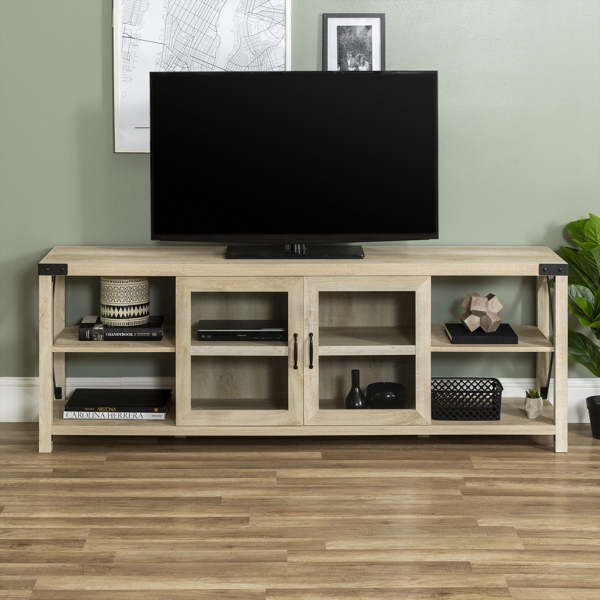 Woven Paths Farmhouse 2-Door Metal X TV Stand for TVs up to 80", White Oak - image 2 of 13
