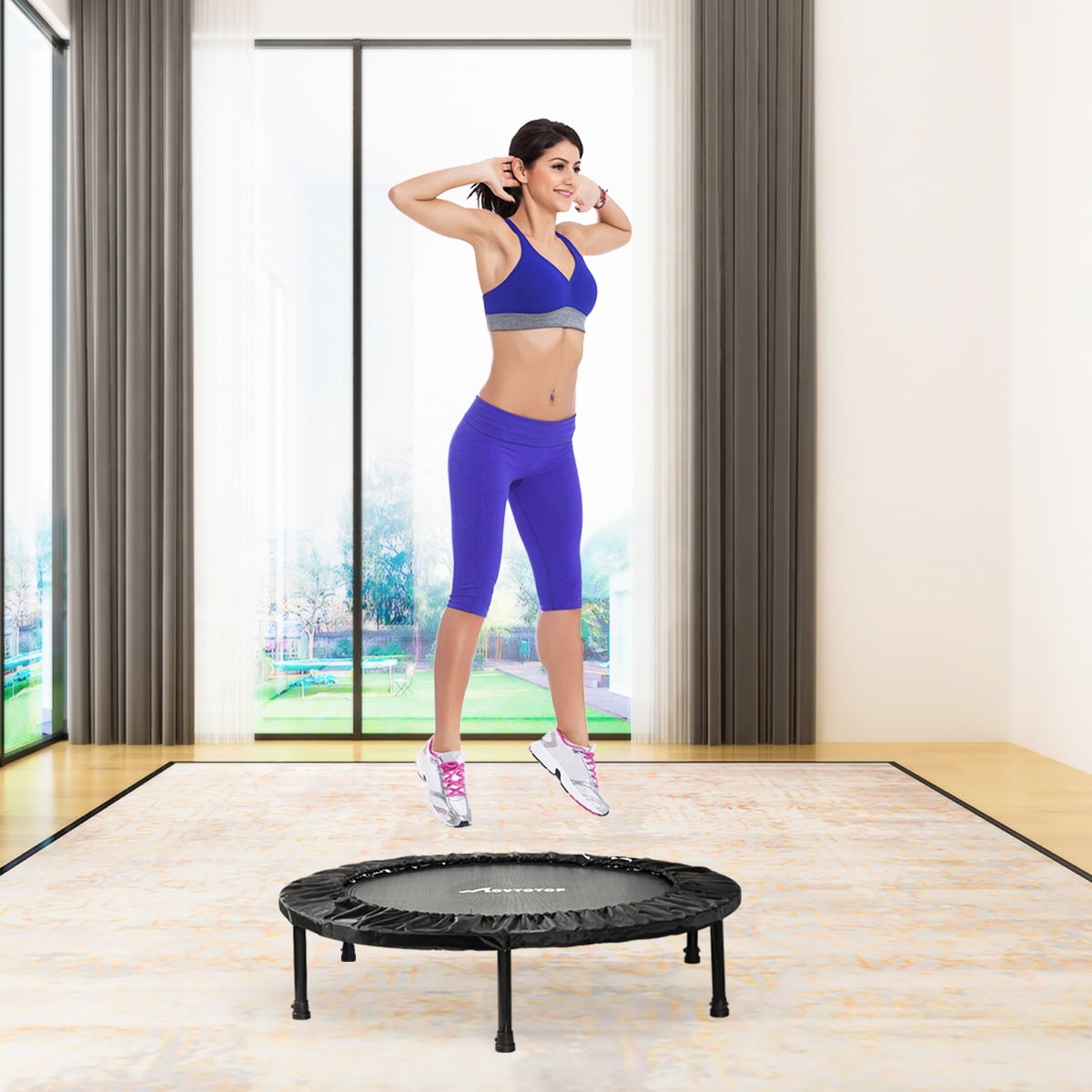 MOVTOTOP 38 Inches Folding Trampoline Fitness Cardio Round Trampoline Trainer Aerobic Fitness Exercise
