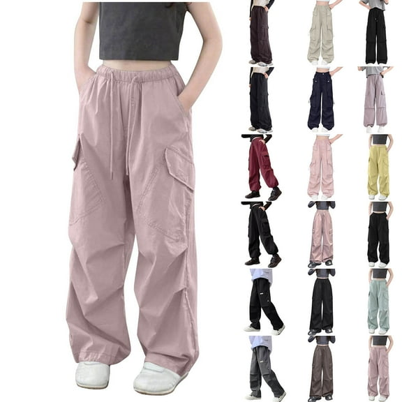 MKOSPLRT Girls Parachute Pants Kids Wide Leg Cargo Pants Y2K Street Trousers Solid Dwrastring Bottom Pants with Pockets 5-15 Years