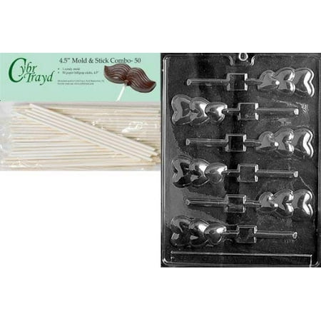 Heart Shaped Box Candy Mold Cybrtrayd 45St50-V025 Triple Hearts Lolly Valentine Chocolate Candy Mold with 50 4.5-Inch Lollipop Sticks ()