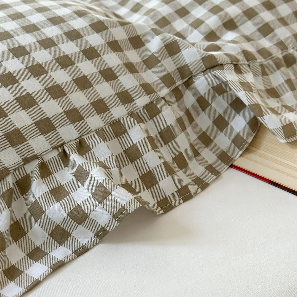 Tan Gingham Ruffle Duvet Cover Queen Size, 3 Pieces Taupe Soft Pre-Washed Microfiber Checked Plaid Comforter Cover Set, Vintage Farmhouse Bedding Set(Tan Gingham, Queen 90"x90")