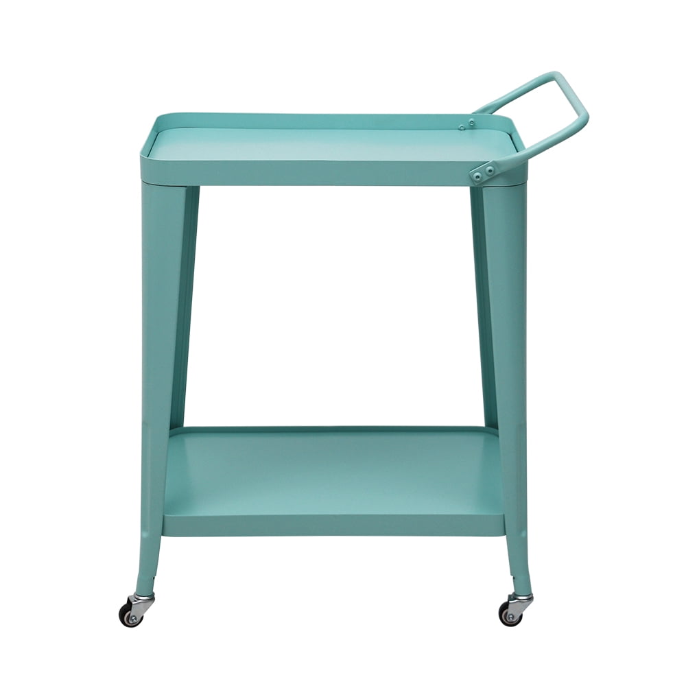 Abble Glossy Teal Color 2- Tier Metal Frame Bar Cart with Handle