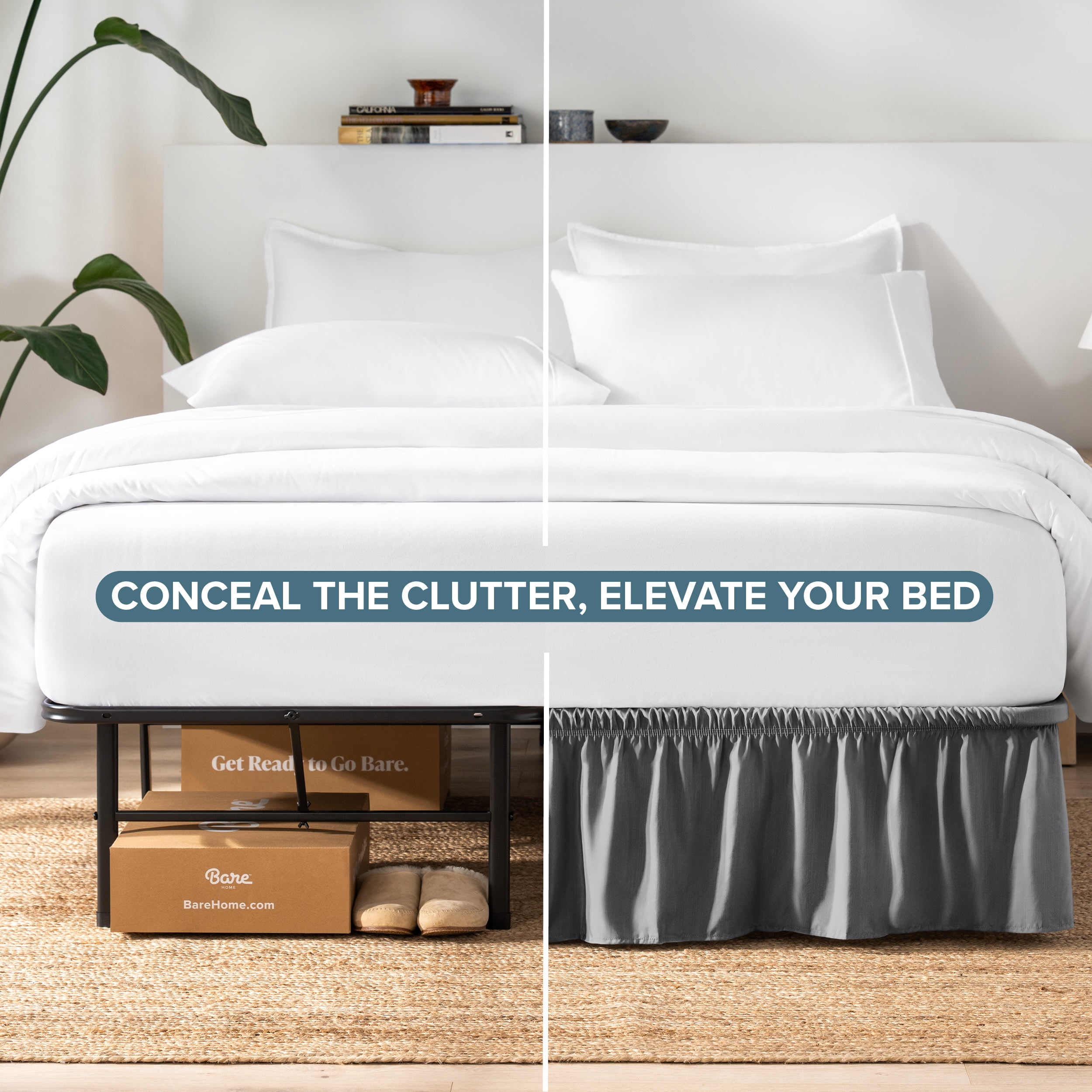 Bare Home Adjustable Wrap Around Bed Skirt - 15 Inch Drop - Easy Fit - Ruffle Pleats - Queen, Gray