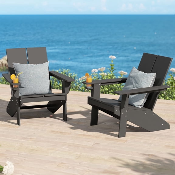 WestinTrends Riviera Outdoor HDPE Modern Adirondack Chair with Cup Holder (Set of 2), Gray