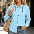 thumbnail image 2 of Lmueinov Long Sleeve Shirts for Women 100% Cotton Button Down Drawstring Hooded Shirts Solid Casual Lightweight Going Out Tops for Summer Fall Travel, 2 of 6