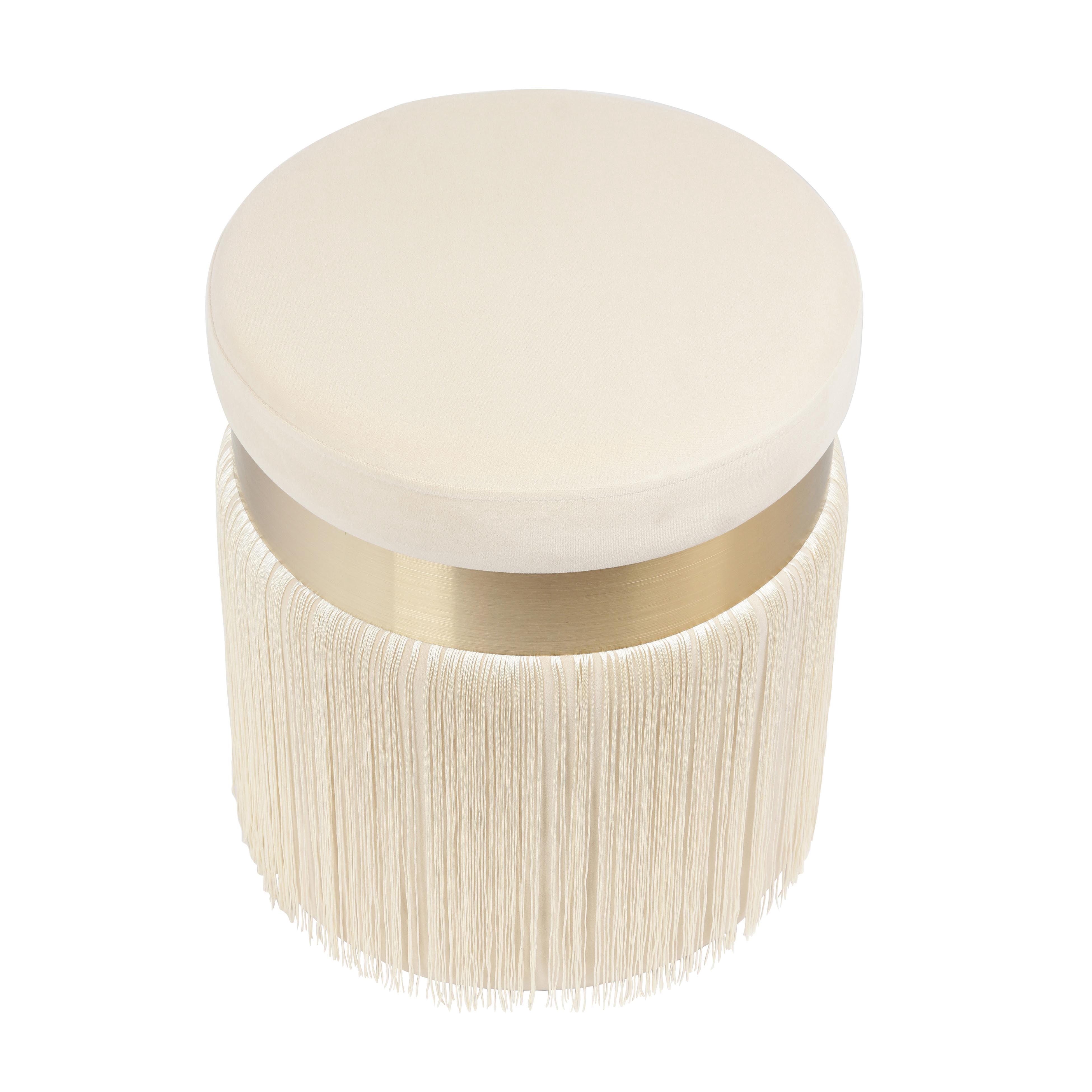 TOV Furniture Melody Cream Tasseled Ottoman with Brass Band