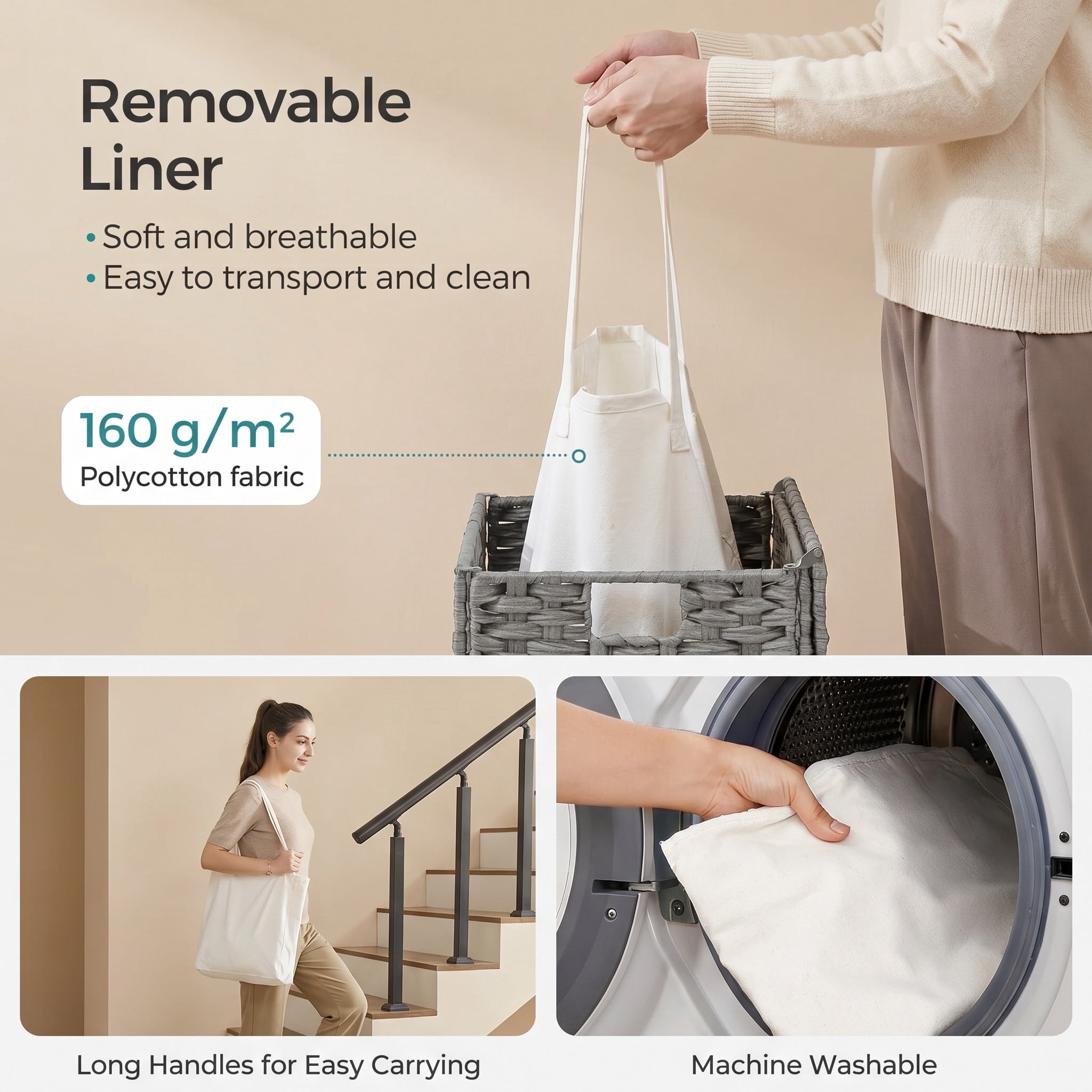 Nordic Hygge 23.8 Gal. Dove Gray Synthetic Rattan Laundry Hamper with Lid and Removable Liner