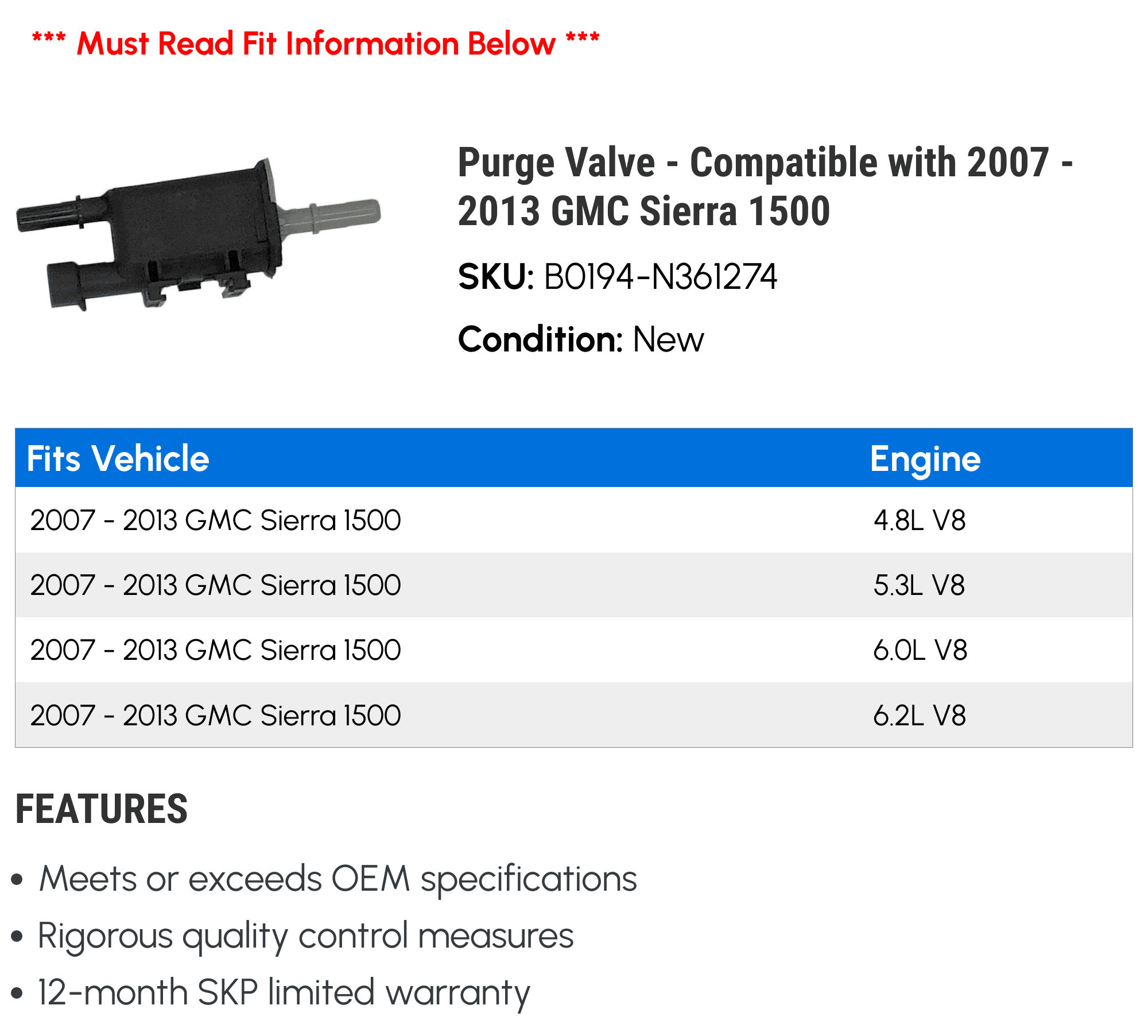 Purge Valve - Compatible with 2007 - 2013 GMC Sierra 1500 2008 2009 2010 2011 2012