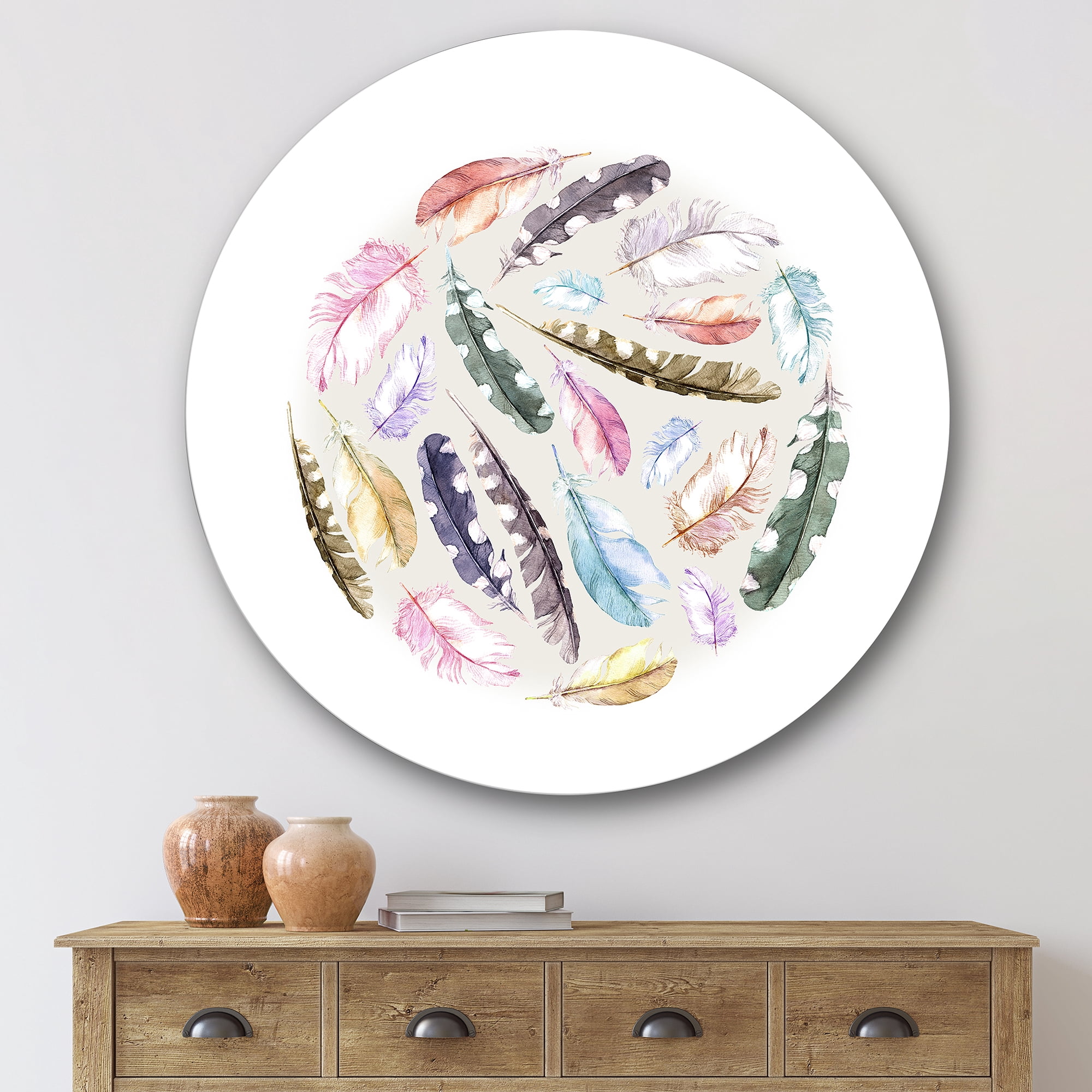 Designart 'Ancient Bird Feathers In Circle' Traditional Circle Metal Wall Art 29x29 - Disc of 29