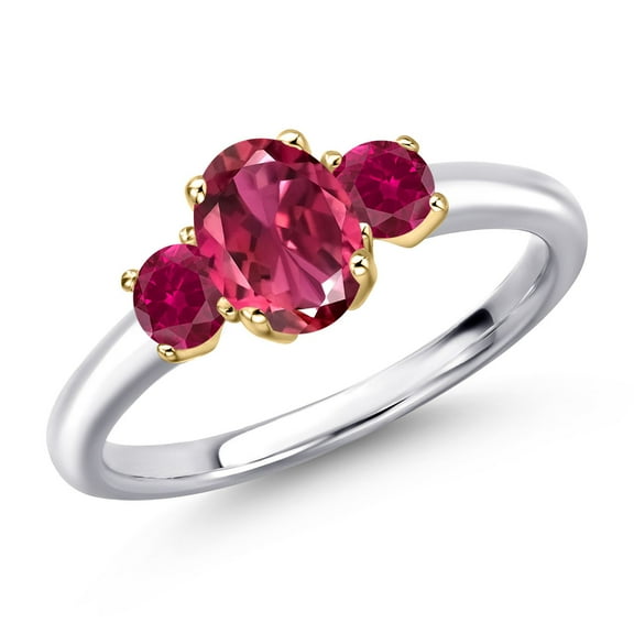 Gem Stone King 925 Silver and 10K Yellow Gold Pink Tourmaline and Red Created Ruby Engagement Ring for Women | 1.35 Cttw | Oval 7X5MM | Gemstone October Birthstone | Size 7