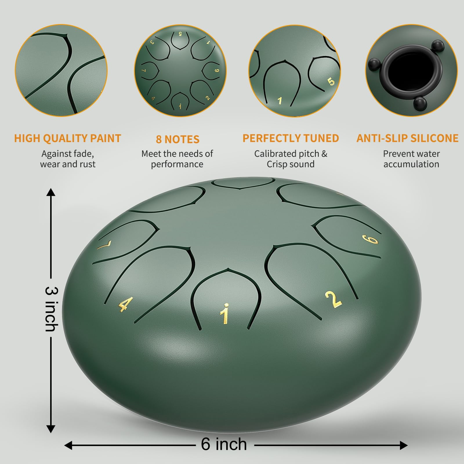 Fosoundpro Steel Tongue Handpan Drum 6 Inch 8 Notes, Rain Drum with Mallets, Music Book, Portable Bag (Green)