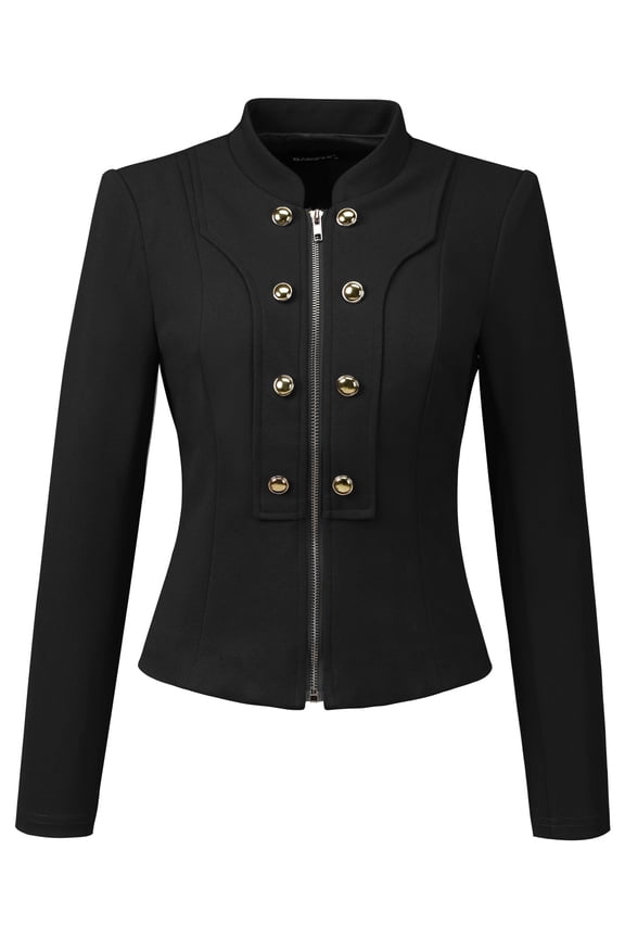 Women's Stand Collar Button Decor Zip Up Blazer Jacket XS Black