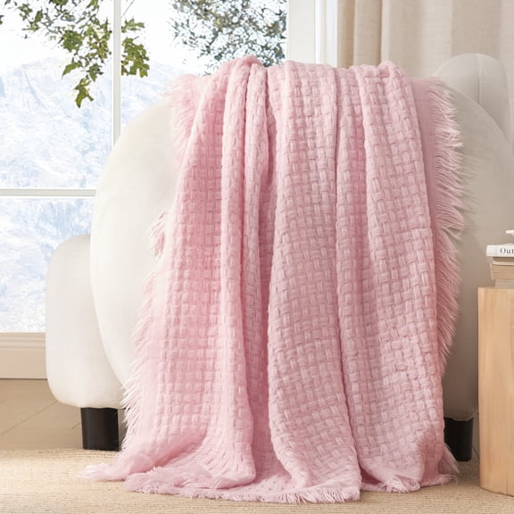 Exclusivo Mezcla Knitted Throw Blanket with Fringes for Couch, Soft and Warm Textured Throw for All Season, Lightweight Breathable Room Decor, Pink, 50”x60”