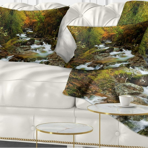 Designart Flowing River in Autumn - Landscape Photography Throw Pillow - 12x20