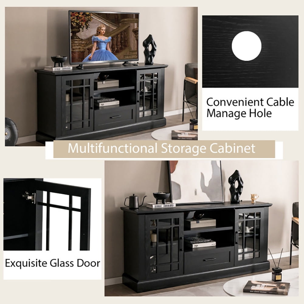 Finihen TV Stand, TV Cabinet, TV Stand for TVs up to 70 with Glass Doors Cubbies and Drawer, for Living Room, Black