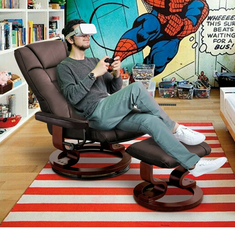 Mcombo Swiveling Recliner Chair with Wrapped Wood Base and Matching Ottoman Footrest Faux Leather Adjustable