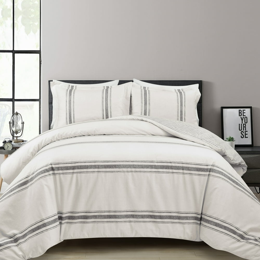 Lush Decor Farmhouse Striped Cotton Reversible Duvet Sets, King, 3