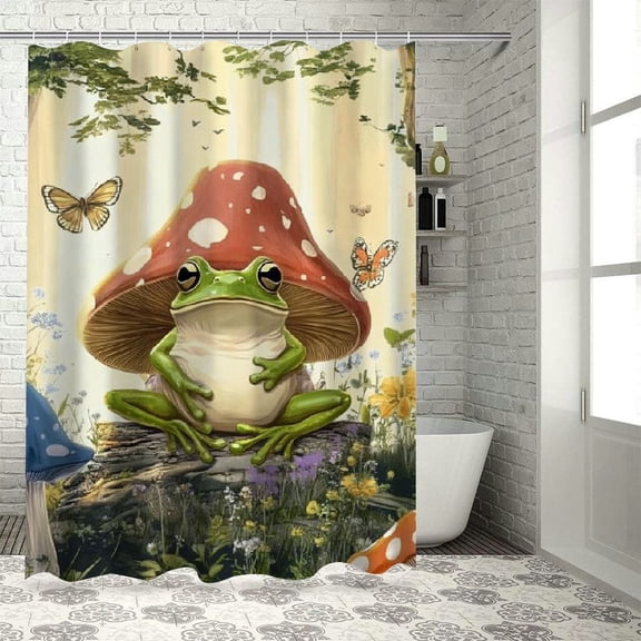 BCIIG Frog Mushroom Forest Bathroom Decoration Set, Colorful Luxury Polyester Cloth Fashion Shower Curtain with Hooks 36"x72