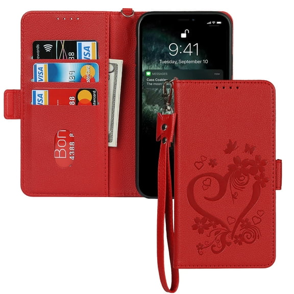 Decase iPhone 11 pro case, Flower Embossed Wallet Card Cash Slots PU Premium Leather Magnetic Flip Kickstand Shockproof Ultra-Slim Cover for iPhone 11 pro 5.8 inch,Red
