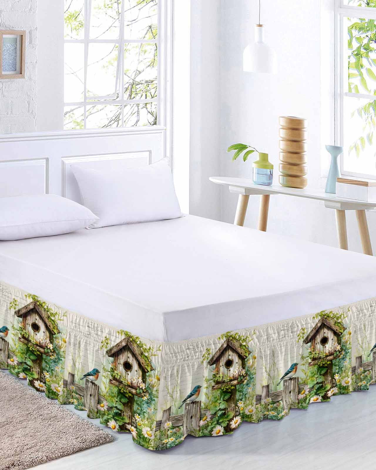 Spring Flowers Bed Skirt Queen Size 16 Inch Drop, Country Bird House Fence White Daisy Leaf Beige Adjustable Elastic Dust Ruffles Bedskirt for Queen Bed Wrap Around Pleated Mattress Frame Cover