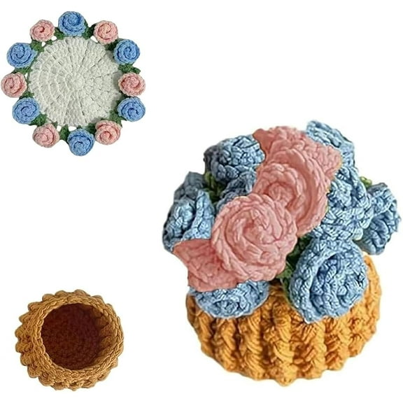 Rose Bouquet Coaster,Crochet Flower Coasters with Basket,Soft Rose Flower Bouquet Knitted Decorative Coasters for Home, Office or Gift Giving (Red)