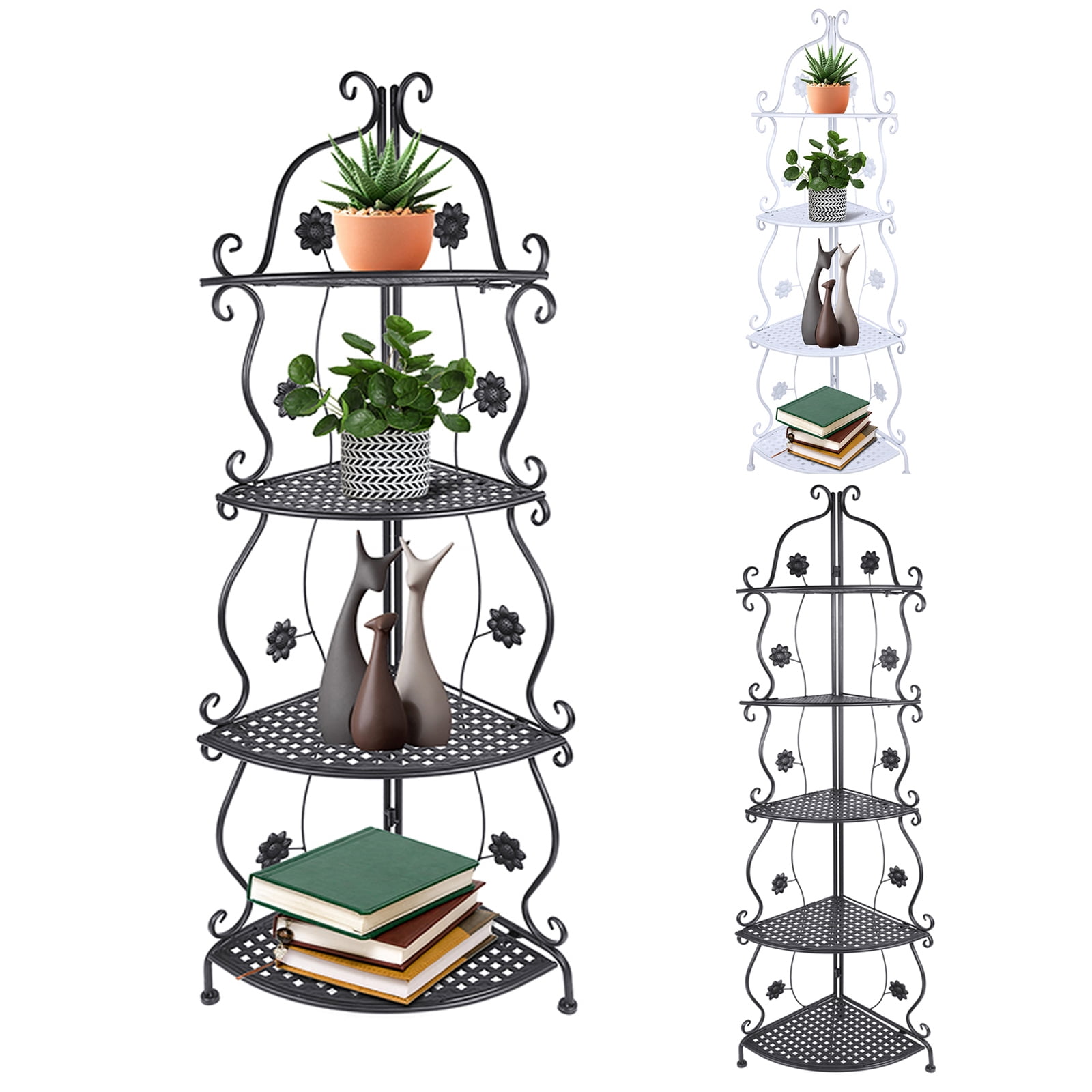 4 Tiers Foldable Metal Corner Shelf Flower Display Stand Kitchen